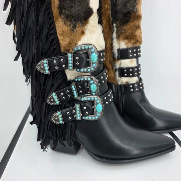 AZALEA WANG Gwayne Cow Print Knee High Fringed Western Boot Buckles 7-11 NWT - Picture 8 of 15